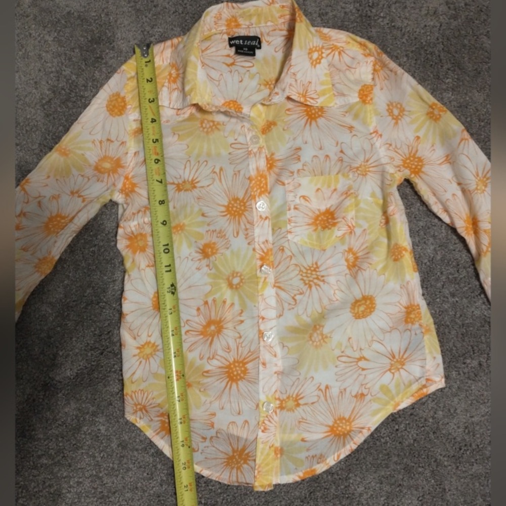 Y2K Wet Seal Collared Shirt Retro Floral 70s Wide Sleeve Hem Button Down XS - Picture 7 of 13